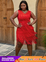 AOMEI Sexy V Neck Sleeveless Fringe Dress Mini