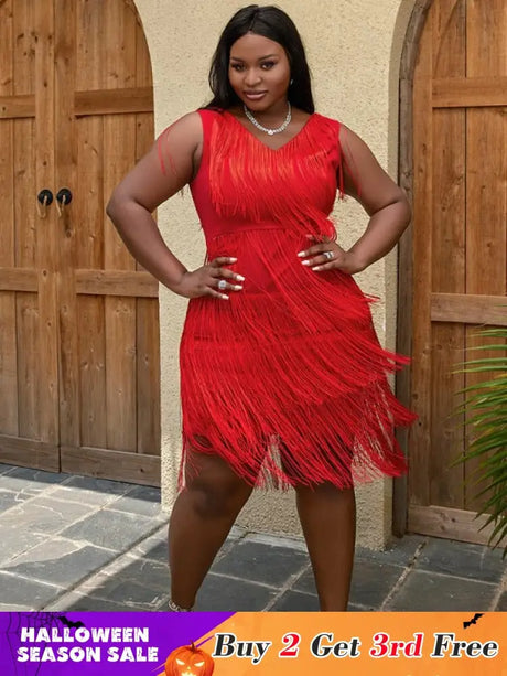 AOMEI Sexy V Neck Sleeveless Fringe Dress Mini