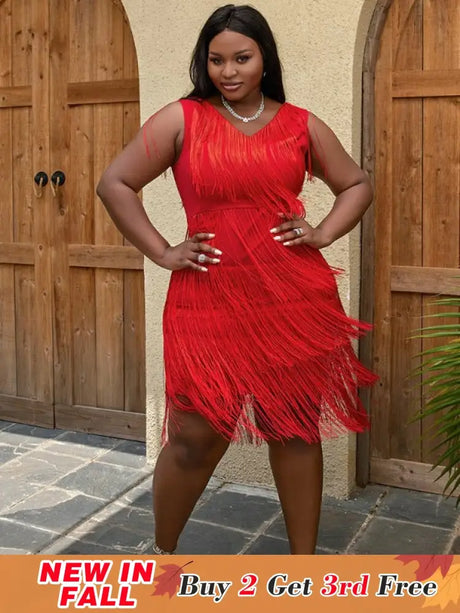 AOMEI Sexy V Neck Sleeveless Fringe Dress Mini
