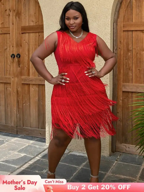 AOMEI Sexy V Neck Sleeveless Fringe Dress Mini