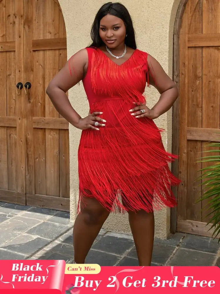 AOMEI Sexy V Neck Sleeveless Fringe Dress Mini