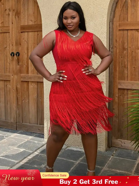AOMEI Sexy V Neck Sleeveless Fringe Dress Mini