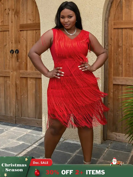 AOMEI Sexy V Neck Sleeveless Fringe Dress Mini