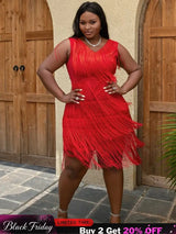 AOMEI Sexy V Neck Sleeveless Fringe Dress Mini