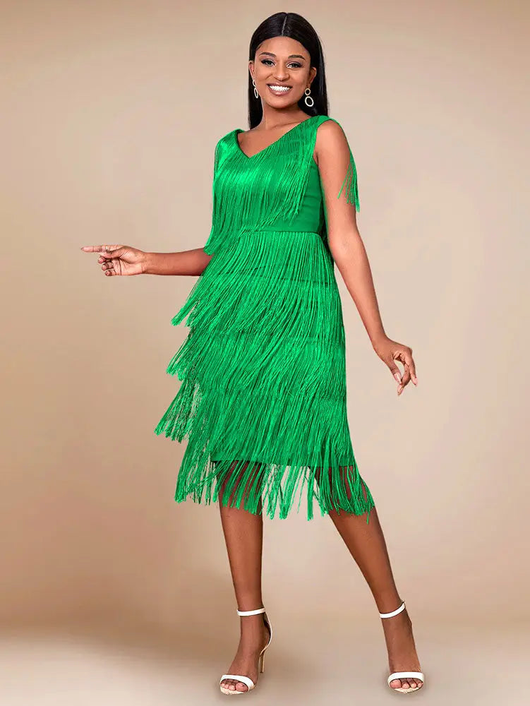 AOMEI Sexy V Neck Sleeveless Fringe Dress Mini Green / S