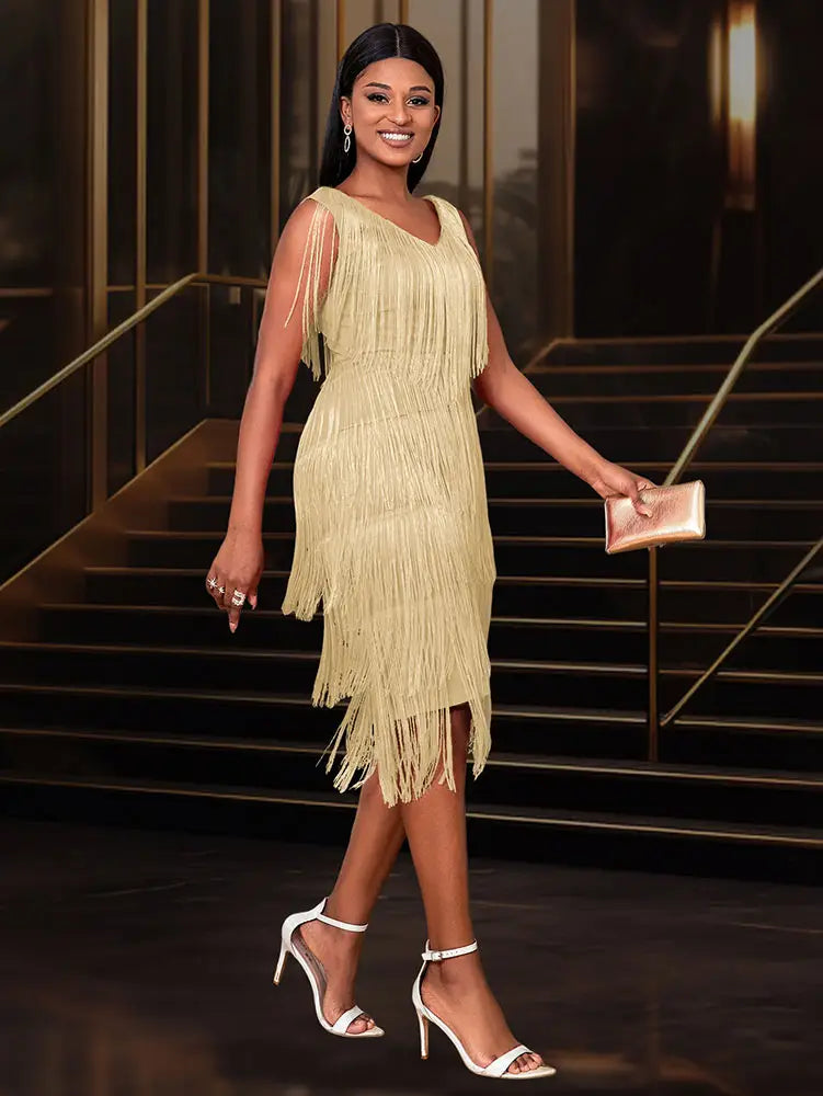 AOMEI Sexy V Neck Sleeveless Fringe Dress Mini Khaki / S