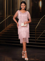 AOMEI Sexy V Neck Sleeveless Fringe Dress Mini Pink / S