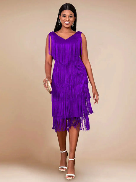 AOMEI Sexy V Neck Sleeveless Fringe Dress Mini Purple / S
