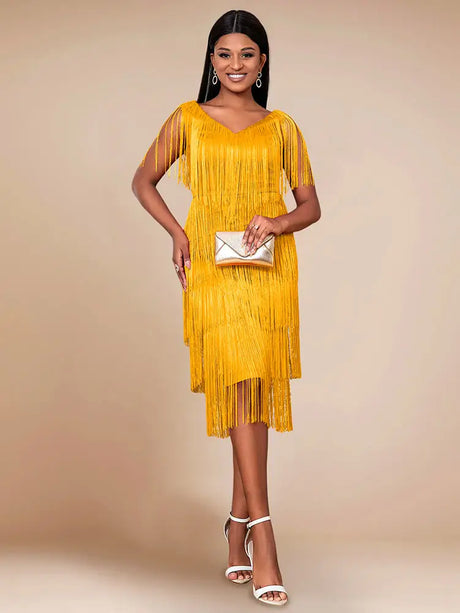 AOMEI Sexy V Neck Sleeveless Fringe Dress Mini Yellow / S