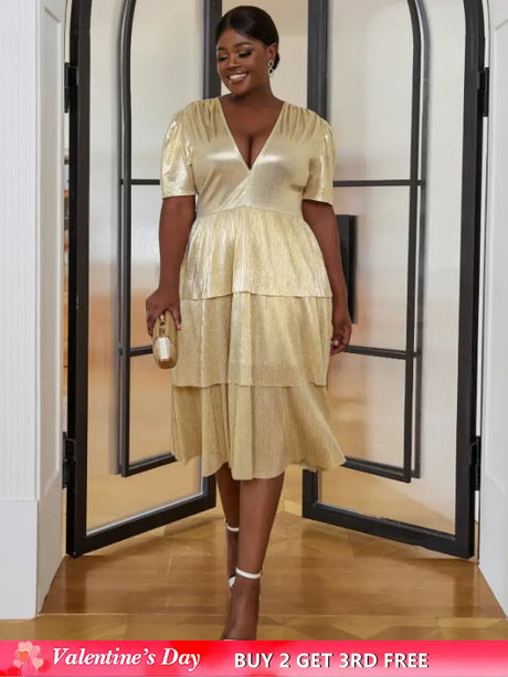 AOMEI Shiny Deep V Neck Pleated Dresses Midi