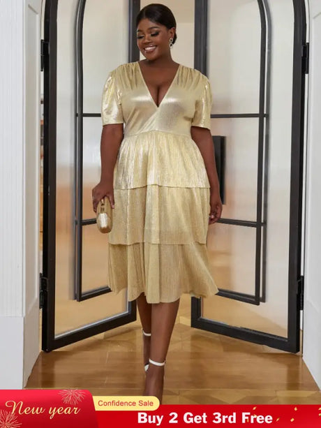 AOMEI Shiny Deep V Neck Pleated Dresses Midi