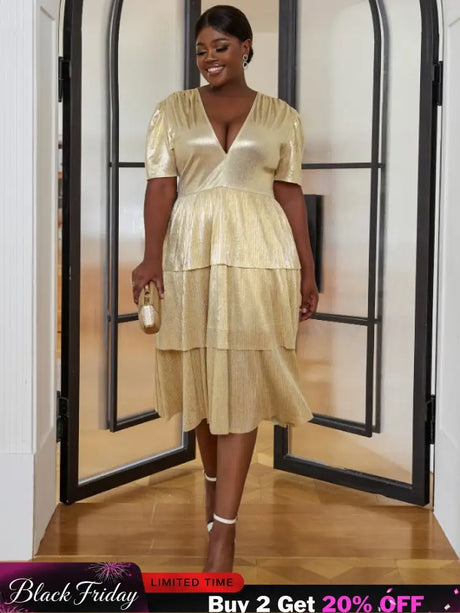 AOMEI Shiny Deep V Neck Pleated Dresses Midi