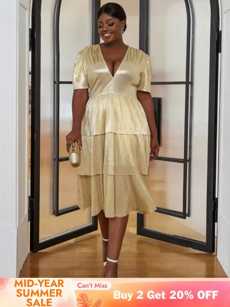 AOMEI Shiny Deep V Neck Pleated Dresses Midi