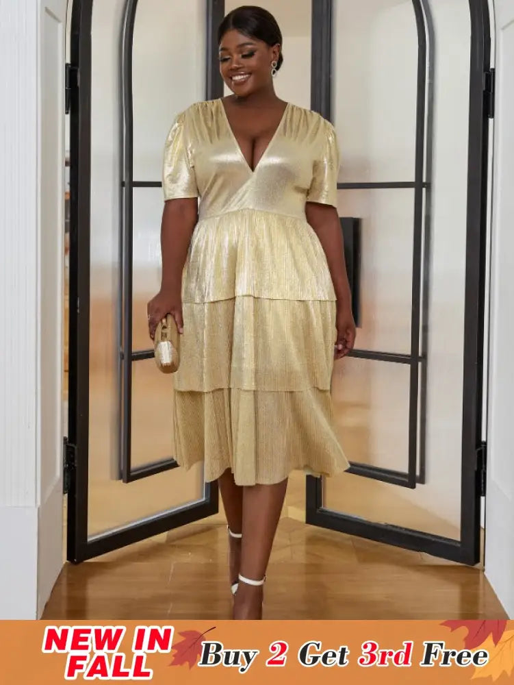 AOMEI Shiny Deep V Neck Pleated Dresses Midi