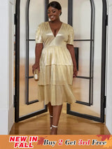 AOMEI Shiny Deep V Neck Pleated Dresses Midi
