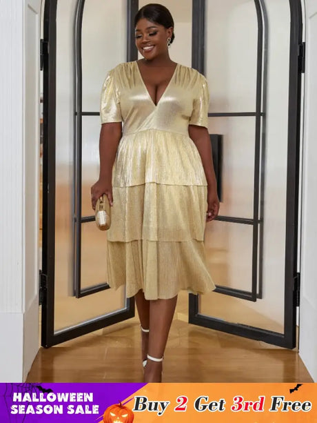 AOMEI Shiny Deep V Neck Pleated Dresses Midi