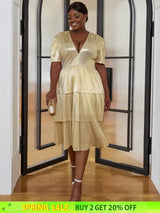 AOMEI Shiny Deep V Neck Pleated Dresses Midi