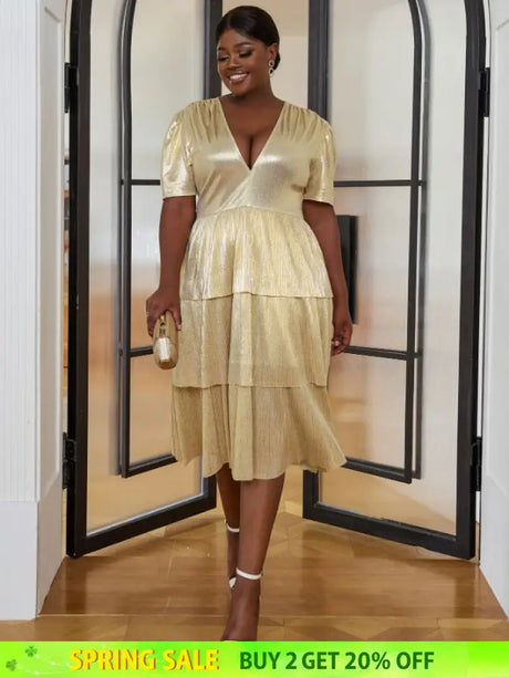 AOMEI Shiny Deep V Neck Pleated Dresses Midi