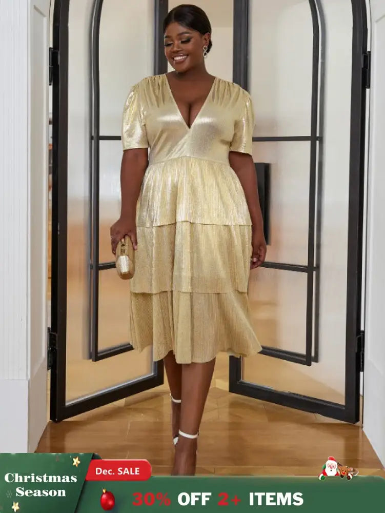 AOMEI Shiny Deep V Neck Pleated Dresses Midi