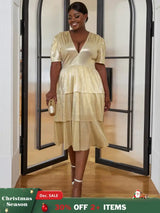 AOMEI Shiny Deep V Neck Pleated Dresses Midi