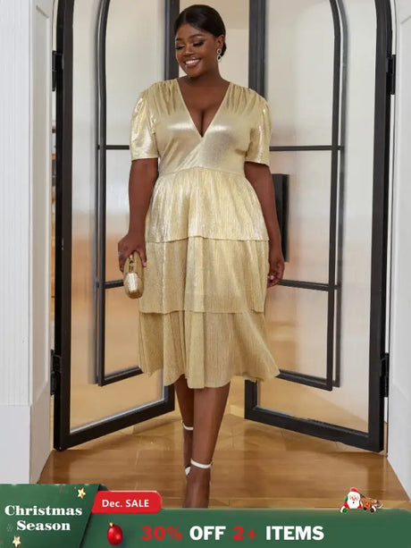 AOMEI Shiny Deep V Neck Pleated Dresses Midi