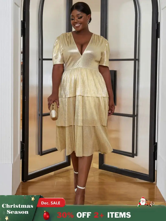 AOMEI Shiny Deep V Neck Pleated Dresses Midi