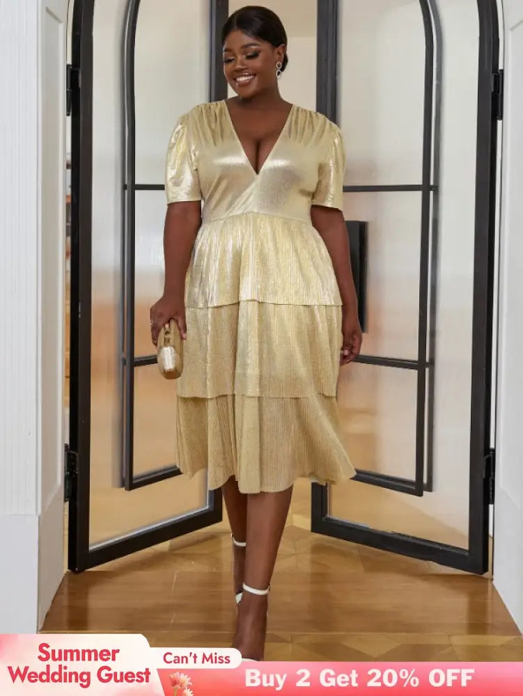 AOMEI Shiny Deep V Neck Pleated Dresses Midi