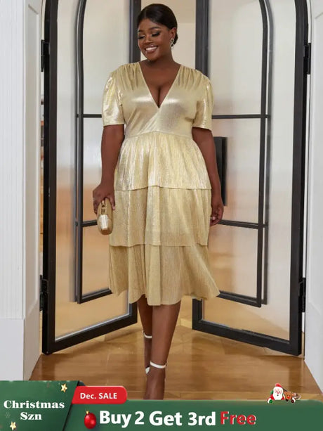 AOMEI Shiny Deep V Neck Pleated Dresses Midi