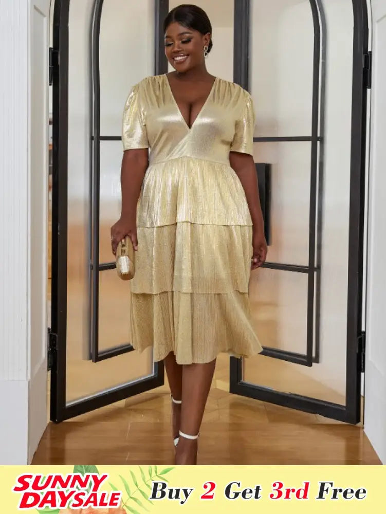 AOMEI Shiny Deep V Neck Pleated Dresses Midi