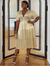 AOMEI Shiny Deep V Neck Pleated Dresses Midi Gold / S