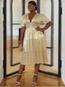 AOMEI Shiny Deep V Neck Pleated Dresses Midi Gold / S