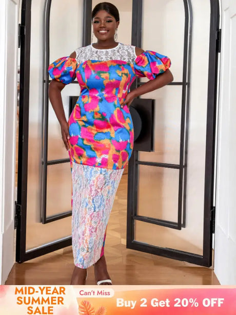 AOMEI Short Puff Sleeve Printed Lace Patchwork Dresses Maxi