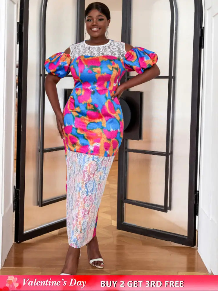 AOMEI Short Puff Sleeve Printed Lace Patchwork Dresses Maxi