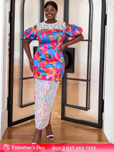 AOMEI Short Puff Sleeve Printed Lace Patchwork Dresses Maxi