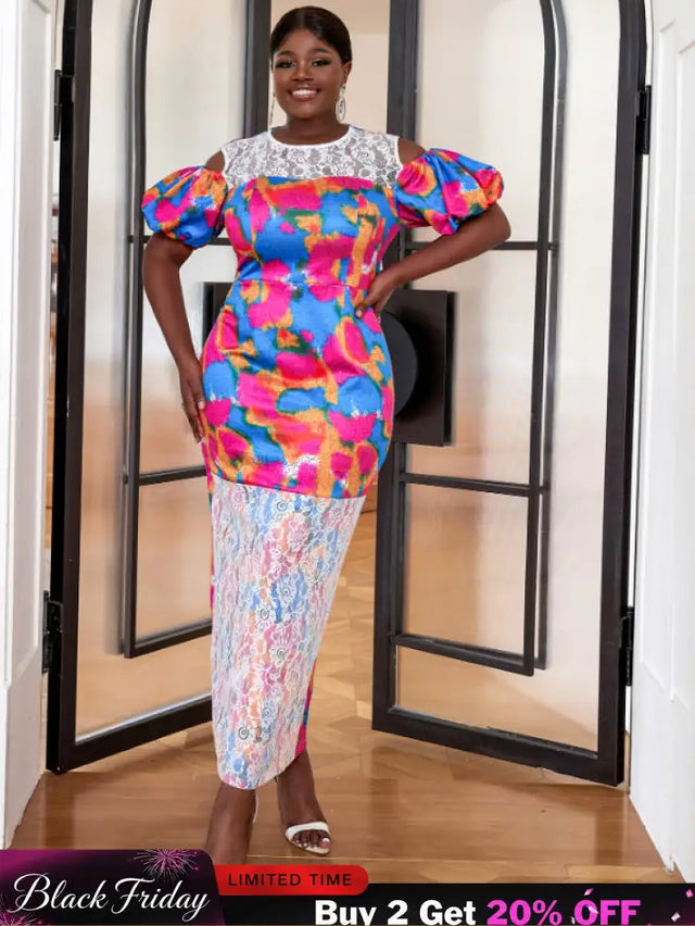 AOMEI Short Puff Sleeve Printed Lace Patchwork Dresses Maxi