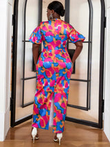 AOMEI Short Puff Sleeve Printed Lace Patchwork Dresses Maxi