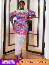 AOMEI Short Puff Sleeve Printed Lace Patchwork Dresses Maxi