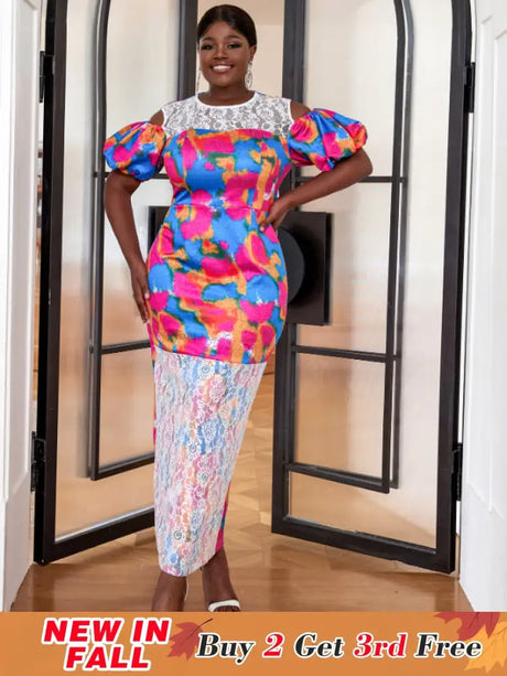 AOMEI Short Puff Sleeve Printed Lace Patchwork Dresses Maxi