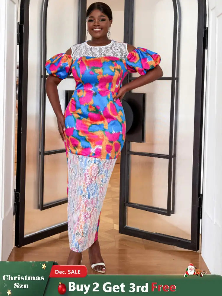AOMEI Short Puff Sleeve Printed Lace Patchwork Dresses Maxi