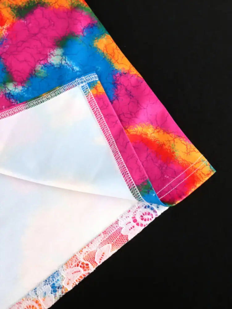 AOMEI Short Puff Sleeve Printed Lace Patchwork Dresses Maxi