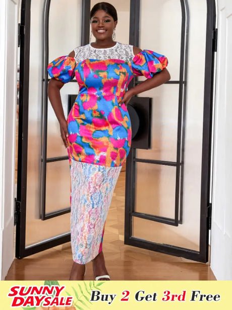 AOMEI Short Puff Sleeve Printed Lace Patchwork Dresses Maxi