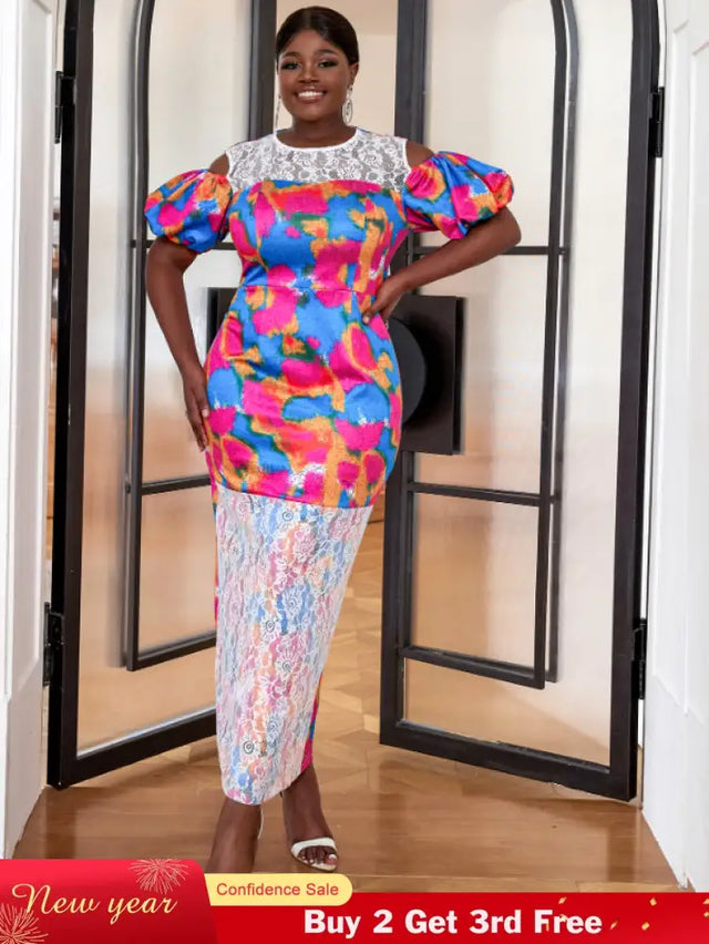 AOMEI Short Puff Sleeve Printed Lace Patchwork Dresses Maxi