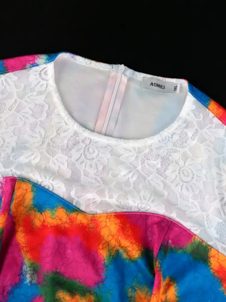 AOMEI Short Puff Sleeve Printed Lace Patchwork Dresses Maxi