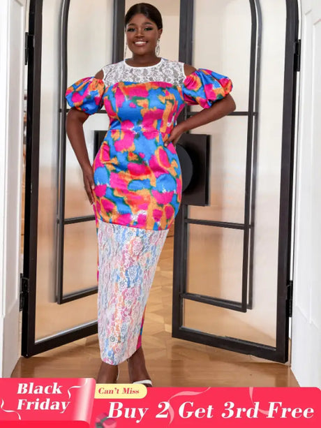AOMEI Short Puff Sleeve Printed Lace Patchwork Dresses Maxi