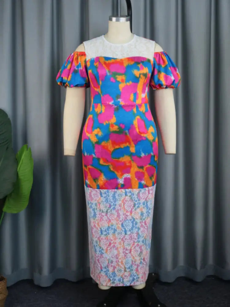 AOMEI Short Puff Sleeve Printed Lace Patchwork Dresses Maxi