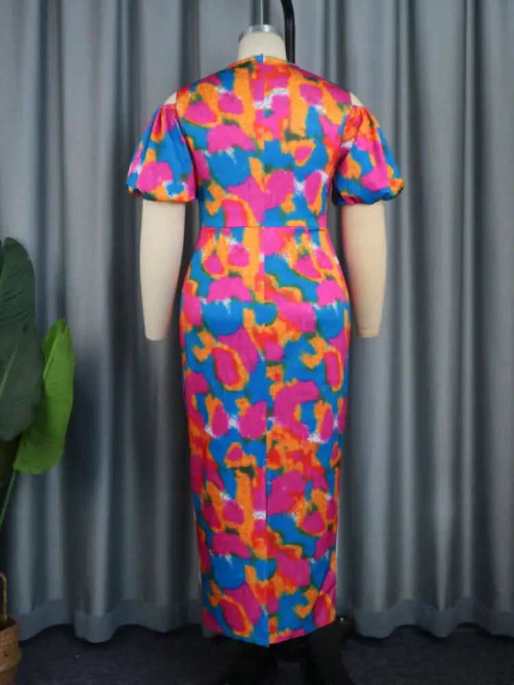 AOMEI Short Puff Sleeve Printed Lace Patchwork Dresses Maxi