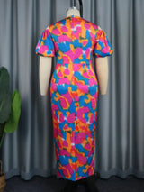 AOMEI Short Puff Sleeve Printed Lace Patchwork Dresses Maxi