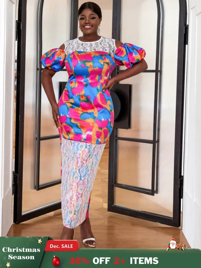AOMEI Short Puff Sleeve Printed Lace Patchwork Dresses Maxi