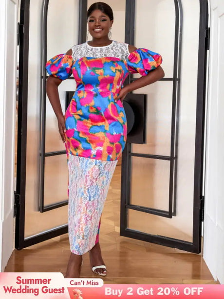 AOMEI Short Puff Sleeve Printed Lace Patchwork Dresses Maxi