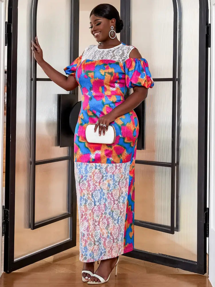 AOMEI Short Puff Sleeve Printed Lace Patchwork Dresses Maxi Print / S